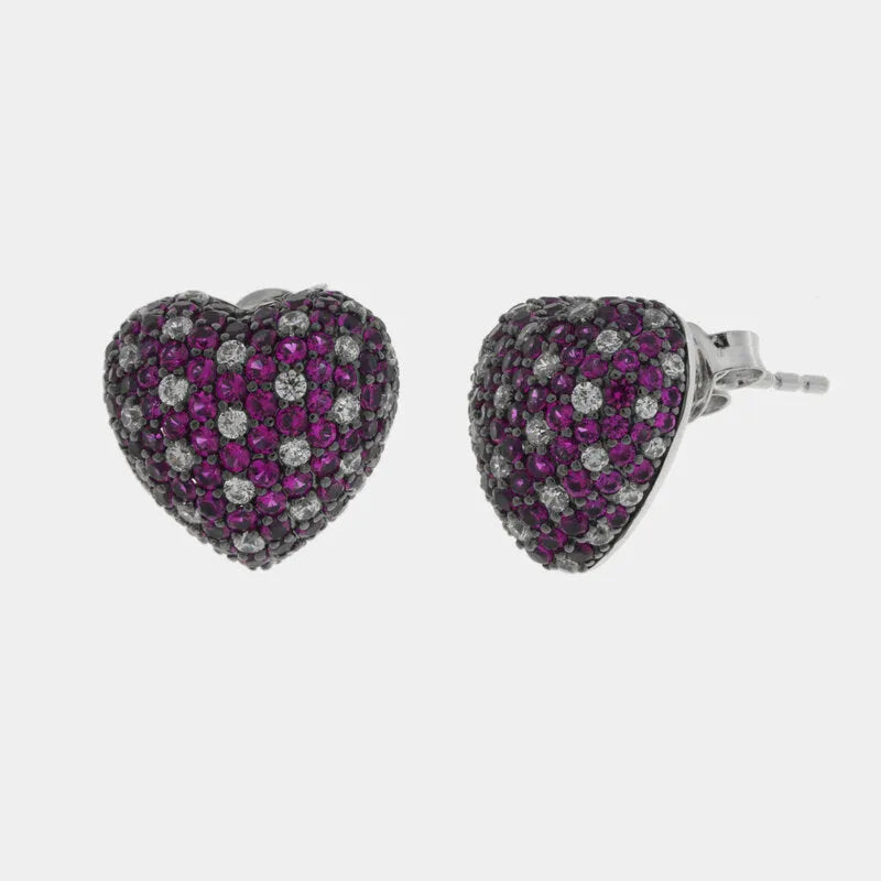 Orecchini in Argento 925 cuore bombato con pave' rossi