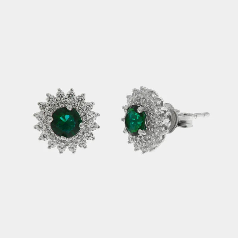 Orecchini in Argento 925 a lobo zirconato con punto luce verde - BYSIMON gioielli