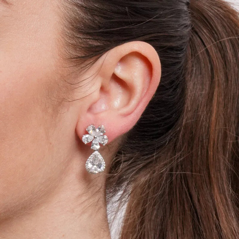 Orecchini in Argento 925 fiore zirconato con goccia pendente - BYSIMON gioielli