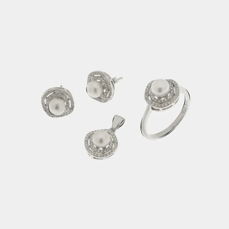 Set in Argento 925 set con perle e zirconi bianchi