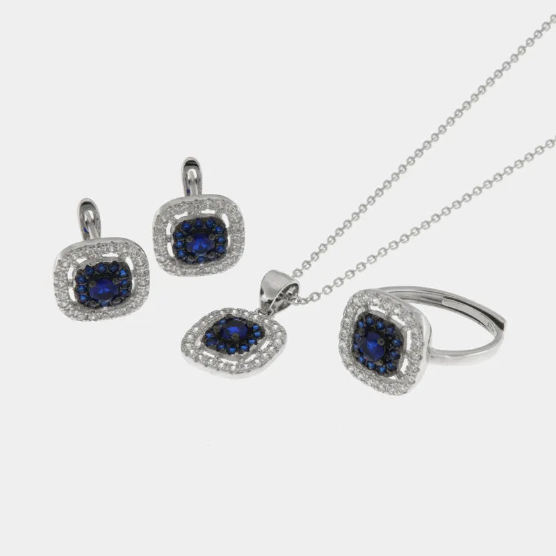 Set in Argento 925 con forma quadrata impreziosita da zirconi blu e bianchi