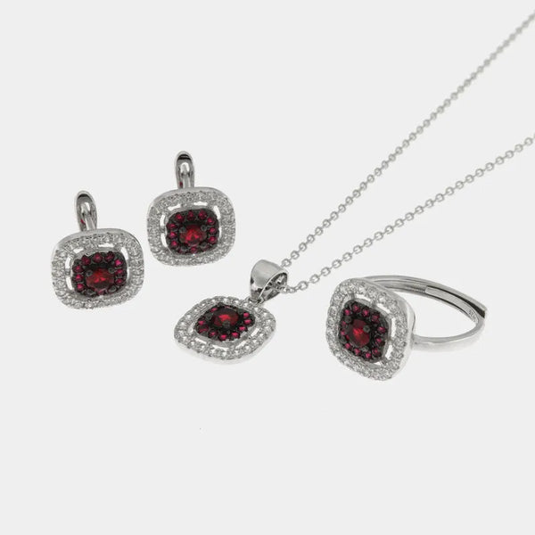 Set in 925 Silver with square shape embellished with red and white zircons