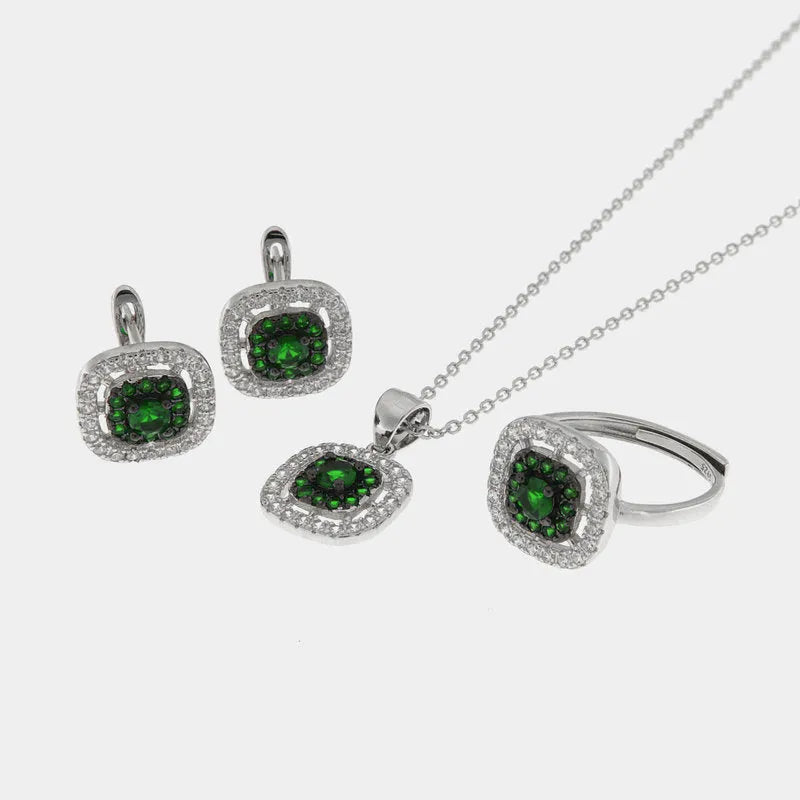 Set in Argento 925 con forma quadrata impreziosita zirconi verdi e bianchi