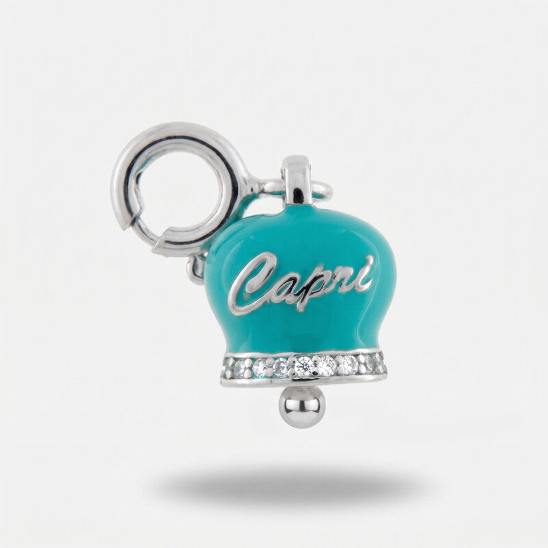 Ciondolo in Argento 925  campanella con scritta capri verde acqua