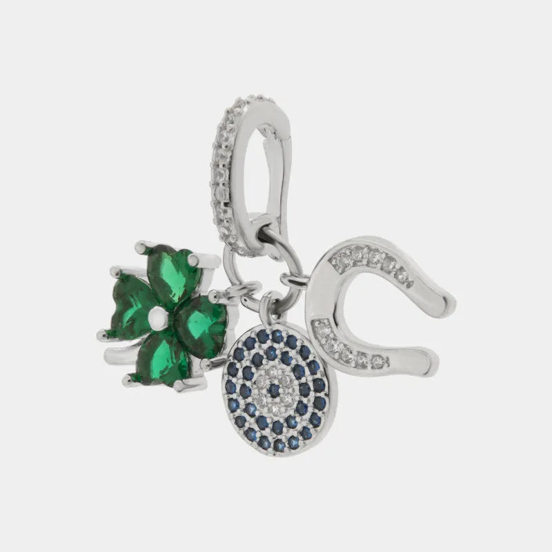 Ciondolo in Argento 925 con quadrifoglio, occhio portafortuna e ferro di cavallo