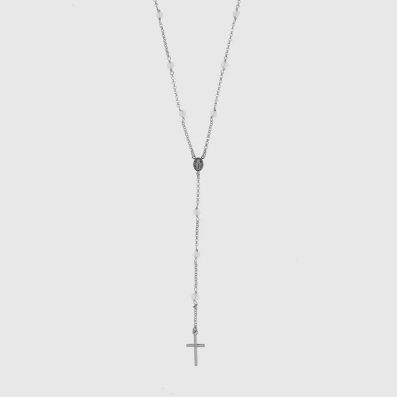 Collana in Argento 925 rosario con croce e perline bianche.