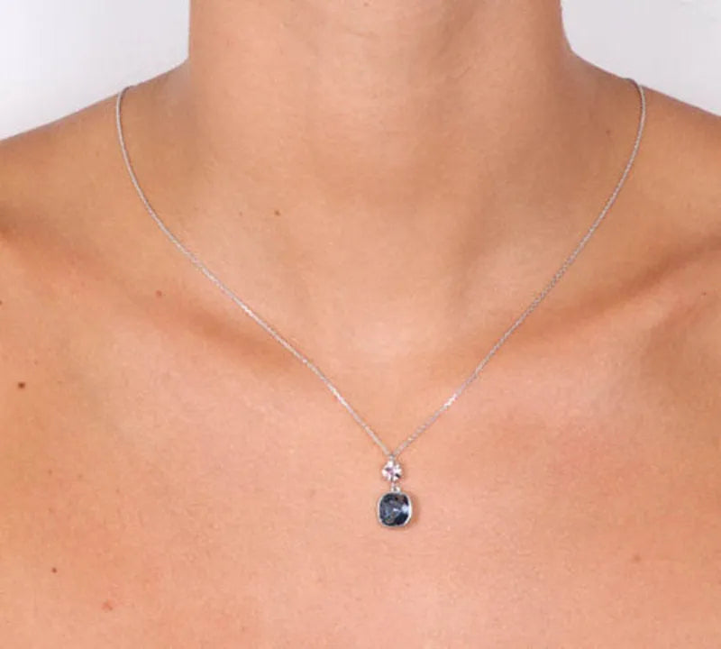 925 Sterling Silver necklace with double solitaire and dangling antique rose and denim blue crystals