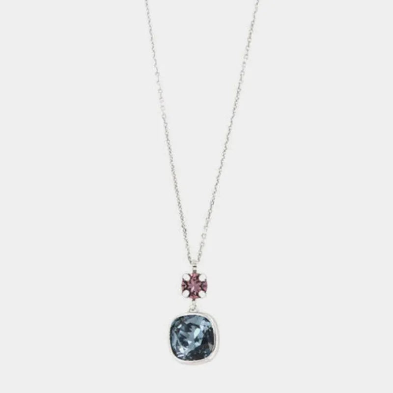 925 Sterling Silver necklace with double solitaire and dangling antique rose and denim blue crystals