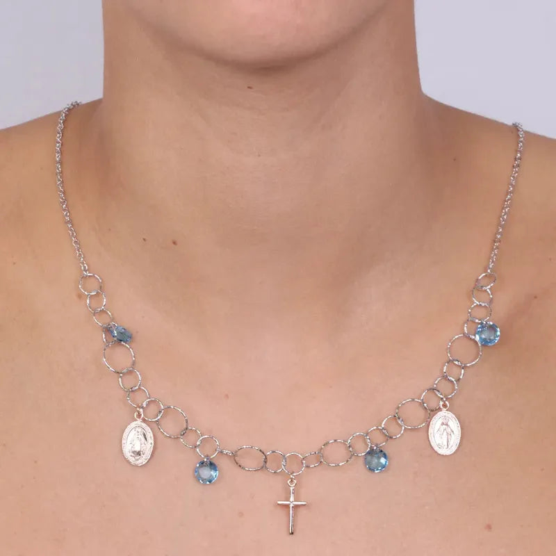 Collana in Argento 925 con pendenti religiosi impreziositi da Cristalli  blu.
