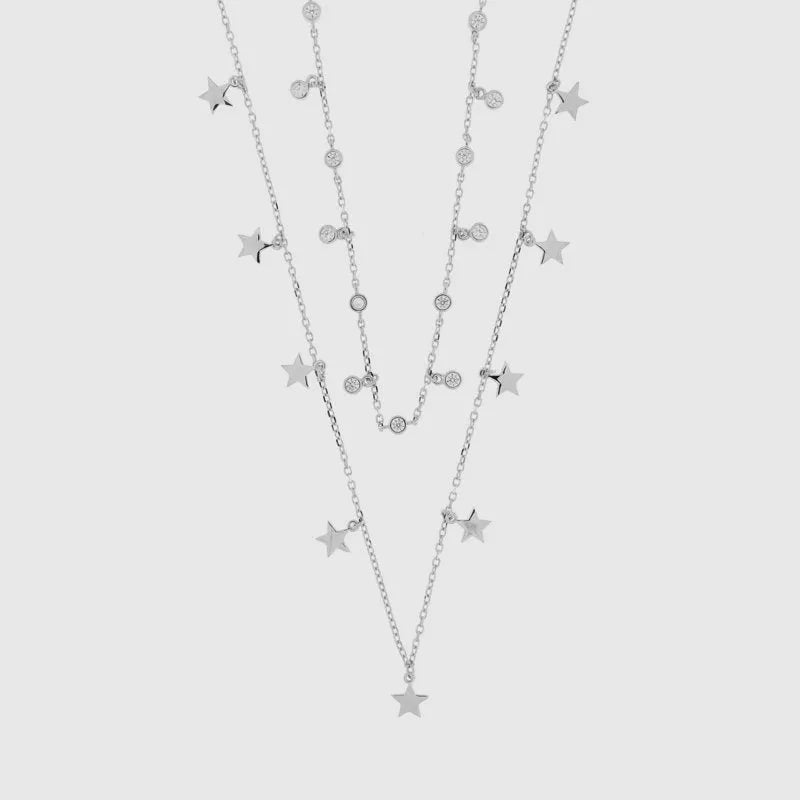 Collana in Argento 925 a doppia catena impreziosita da giro di stelline e zirconi bianchi pendenti