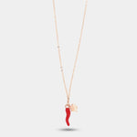 Collana in argento 925 con corno portafortuna rosso e quadrifoglio | corno portafortuna argento | BYSIMON