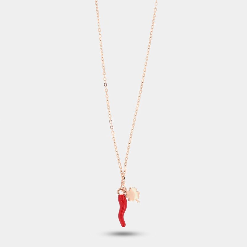 Collana in argento 925 con corno portafortuna rosso e quadrifoglio | corno portafortuna argento | BYSIMON
