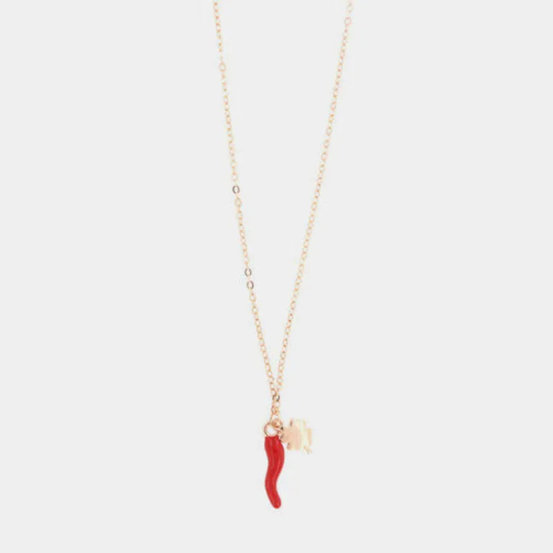 Collana in Argento 925 con corno impreziosito da smalto rosso e quadrifoglio portafortuna