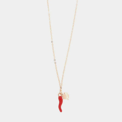 Collana in argento 925 con corno portafortuna rosso e quadrifoglio | corno portafortuna argento | BYSIMON