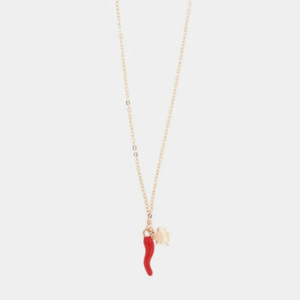 Collana in argento 925 con corno portafortuna rosso e quadrifoglio | corno portafortuna argento | BYSIMON