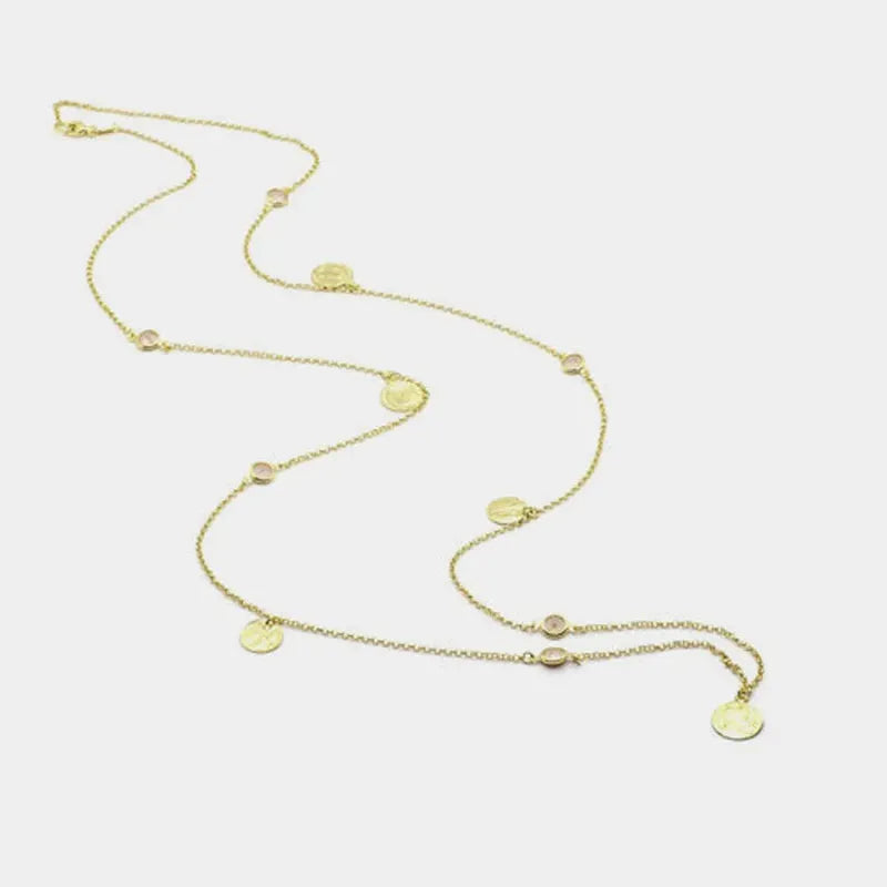 Collana in Argento 925 a catena lunga, con medagliette e cristalli color avorio