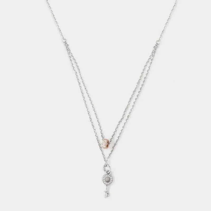 Collana in Argento 925 a doppia catena con chiave pendente a zirconi bianchi