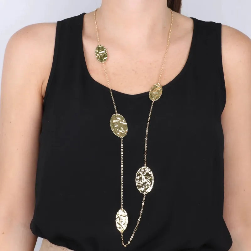Collana in Argento 925 a catena lunga, con piastre ovali martellate in stile etrusco
