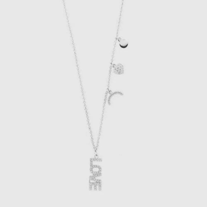 Collana in Argento 925 con scitta LOVE impreziosita da zirconi bianchi pendente, e ciondoli a lato