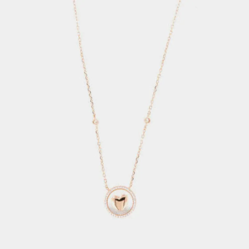 Collana in Argento 925 pendente con base madre perla e cuore liscio in giro di zirconi bianchi