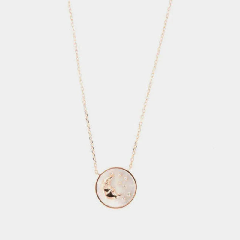Collana in Argento 925 pendente con base madre perla e luna con stelle impreziosita da zirconi bianchi