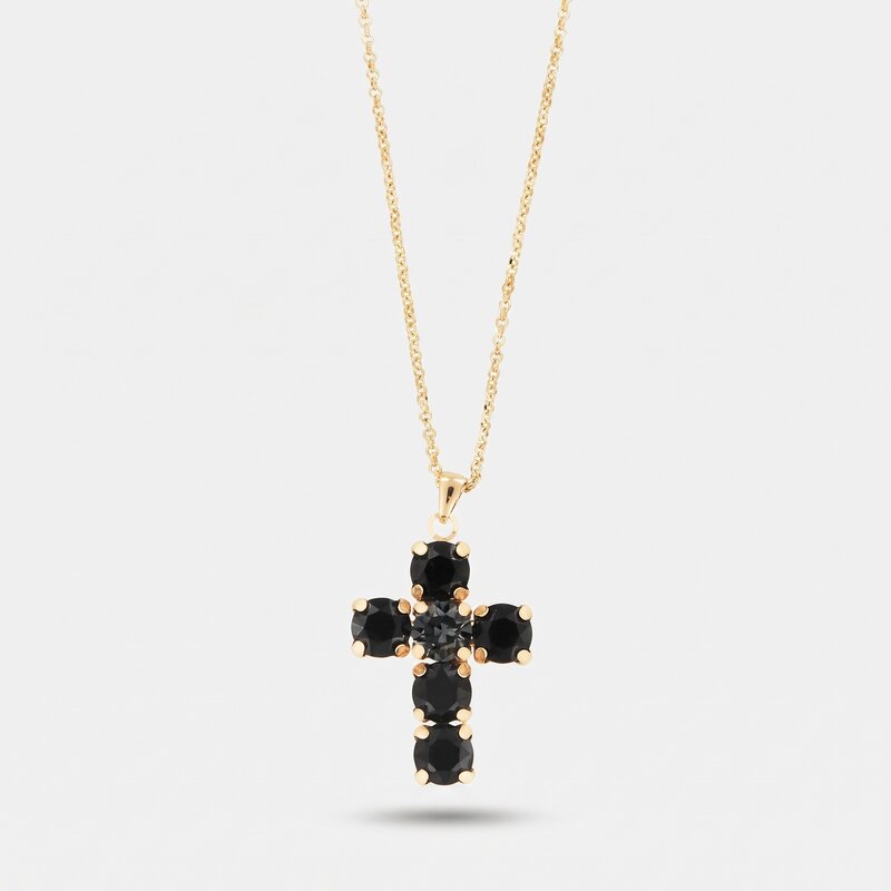 Collana in Argento 925 croce pendente arricchita da cristalli neri con al centro cristallo fumè. - BYSIMON gioielli