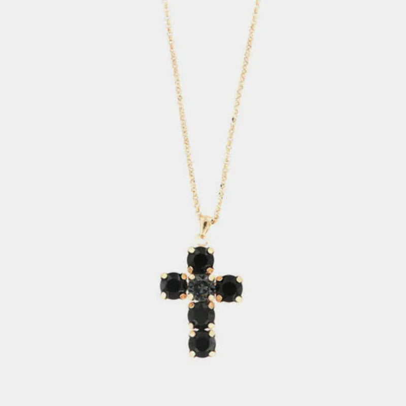 Sterling Silver 925 necklace with a cross pendant embellished with black crystals and a smoky crystal in the center.