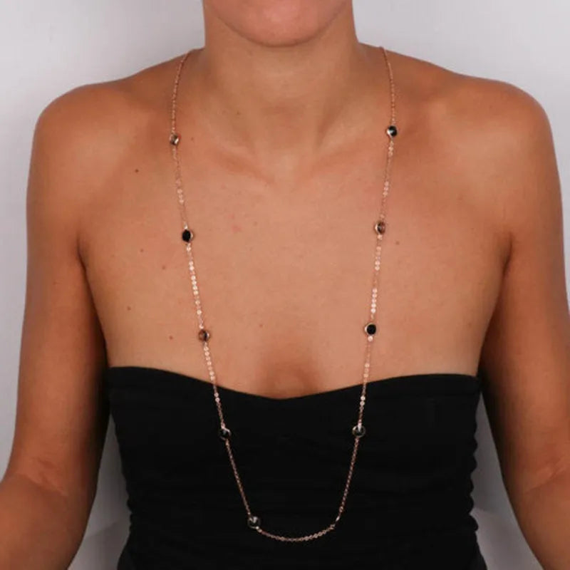 Collana in Argento 925 catena lunga con punti luce sparsi, di cristalli nero e fumè