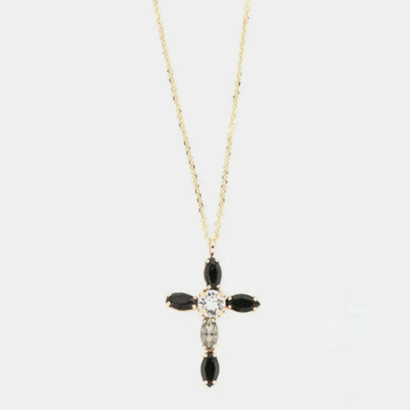 Collana in Argento 925 croce impreziosita da cristalli neri e punto luce di cristallo bianco centrale