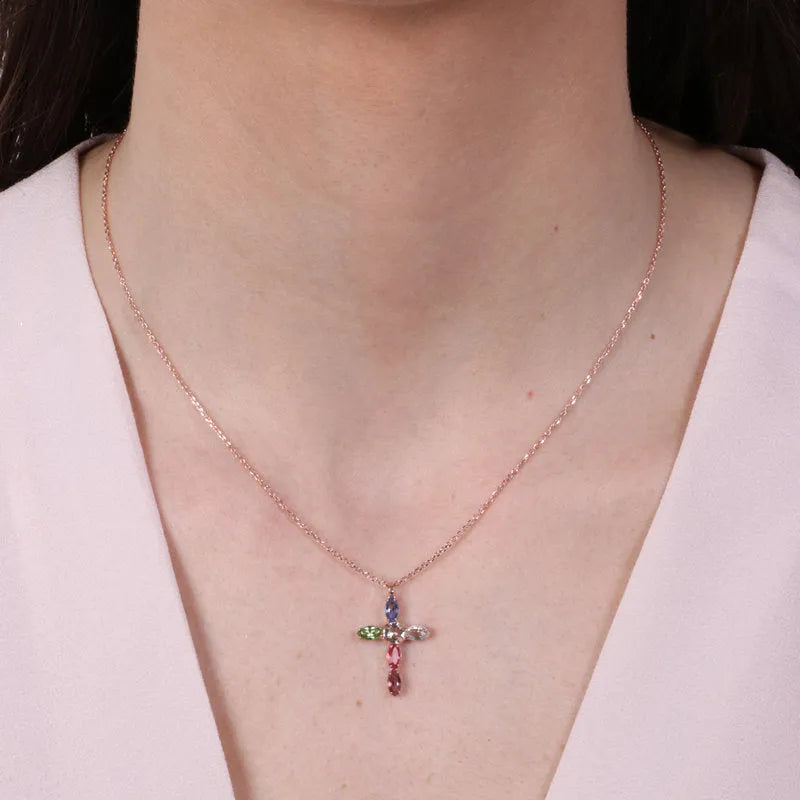 Collana in Argento 925 croce impreziosita da cristalli multicolore e punto luce di cristallo bianco centrale - BYSIMON gioielli