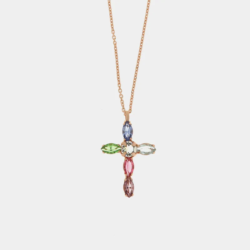 Collana in Argento 925 croce impreziosita da cristalli multicolore e punto luce di cristallo bianco centrale - BYSIMON gioielli