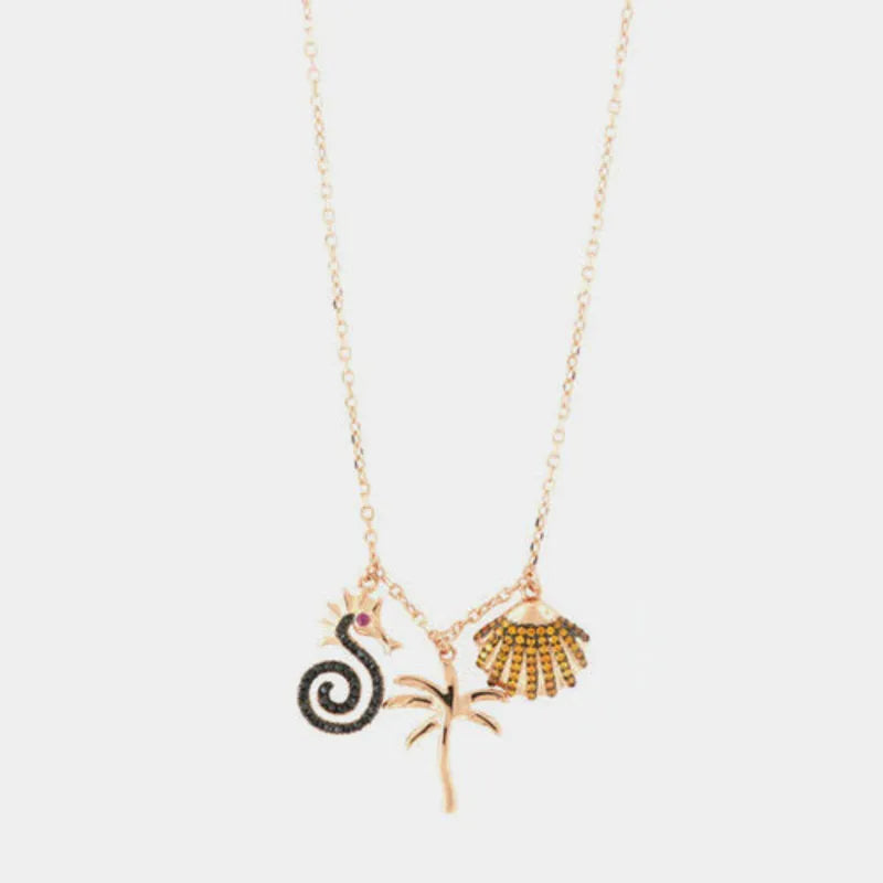 Collana in Argento 925  con pendenti cavaluccio marino, palma, conchiglia e zirconi colorati