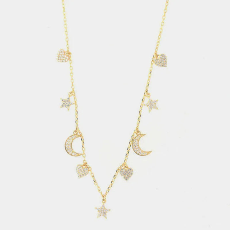 Collana in Argento 925  con pendenti a forma di cuori, stelle, lune con zirconi bianchi