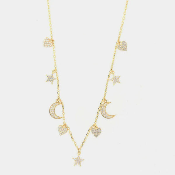 Collana in Argento 925  con pendenti a forma di cuori, stelle, lune con zirconi bianchi