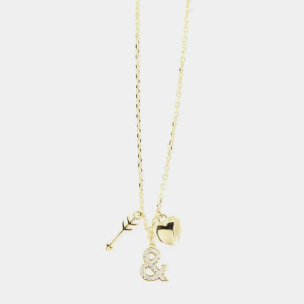 Collana in Argento 925  con pendenti a forma di cuore, freccia e lettera con zirconi bianchi