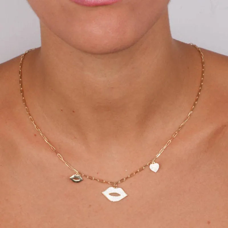 Collana in Argento 925 con maglia a catena e pendenti a forma di bocca, con zirconi bianchi