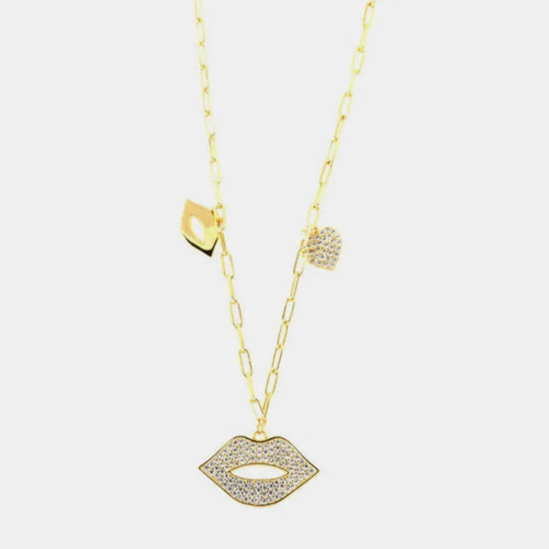 Collana in Argento 925 con maglia a catena e pendenti a forma di bocca, con zirconi bianchi