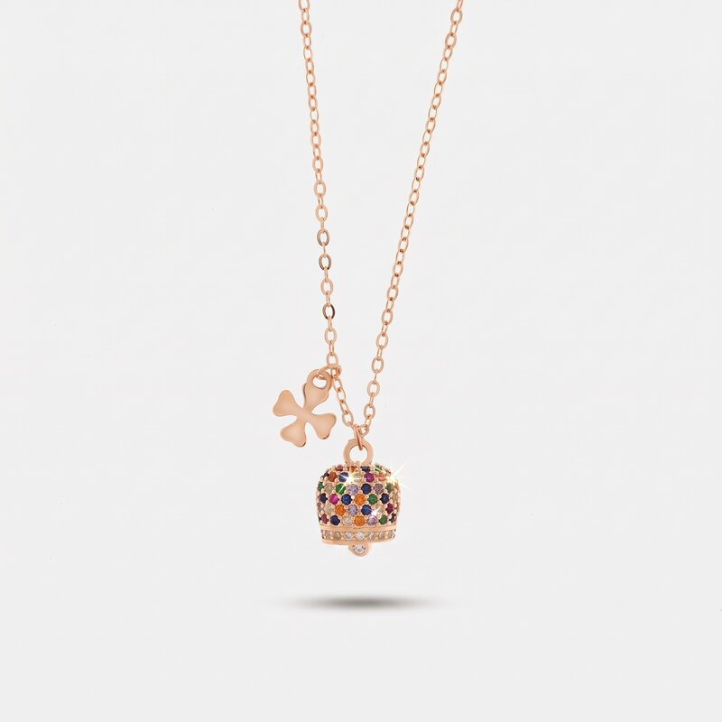 Collana in Argento 925 campanella portafortuna con quadrifoglio e cubic zirconi multicolor - BYSIMON gioielli