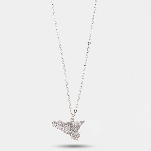 Collana in Argento 925 con ciondolo isola di Sicilia impreziosita da pavè di zirconi bianchi - BYSIMON gioielli
