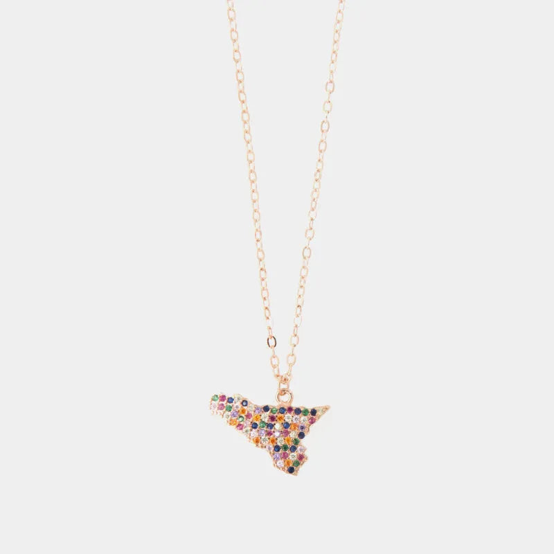 Collana in Argento 925 con ciondolo isola di Sicilia impreziosita da pavè di zirconi multicolore