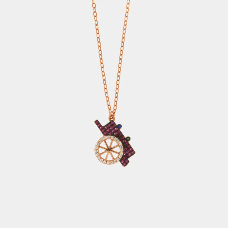 Collana in Argento 925 con ciondolo carretto siciliano, impreziosito da zirconi rossi e bianchi su base brunita