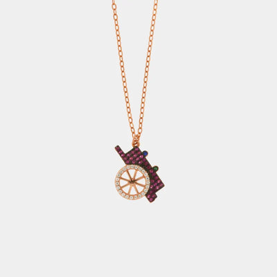 Collana in Argento 925 con ciondolo carretto siciliano, impreziosito da zirconi rossi e bianchi su base brunita