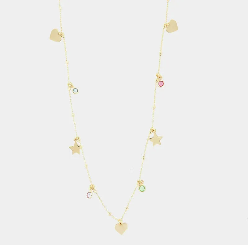 Collana in Argento 925 con cuori e stelle pendenti, impreziositi da cristalli multicolore
