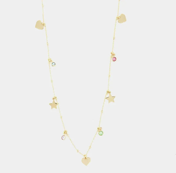 Collana in Argento 925 con cuori e stelle pendenti, impreziositi da cristalli multicolore