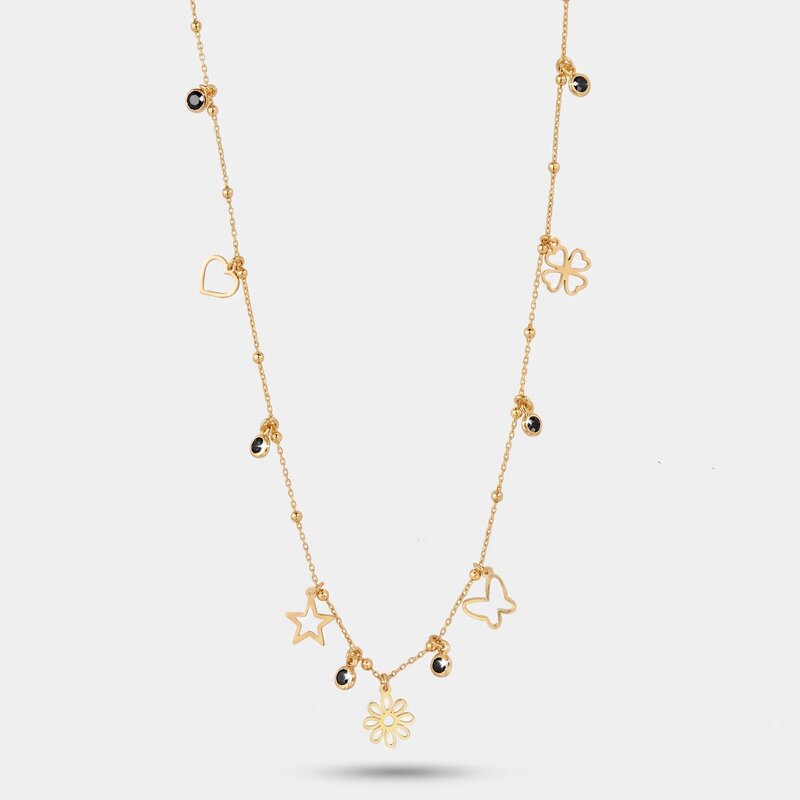 Collana in Argento 925 con ciondoli pendenti: cuori, stelle e fiori impreziositi da cristalli neri - BYSIMON gioielli