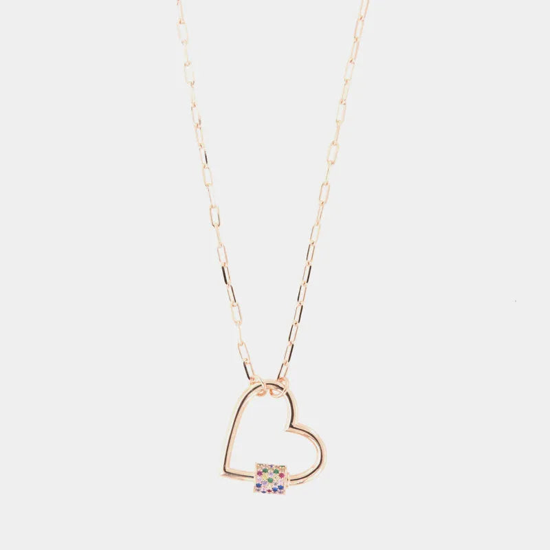 Collana in Argento 925 con cuore liscio pendente, impreziosito da quadrato di zirconi multicolore