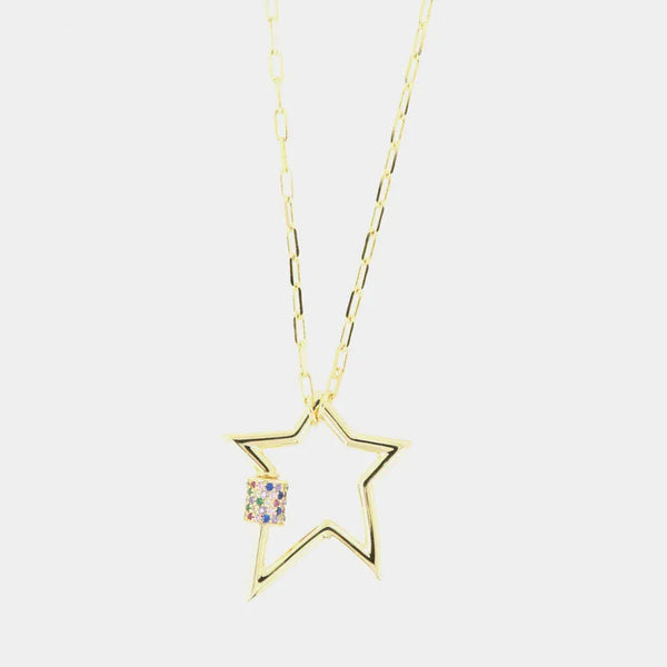 925 Silver necklace with smooth hanging star, embellished with a multi-colored cubic zirconia square