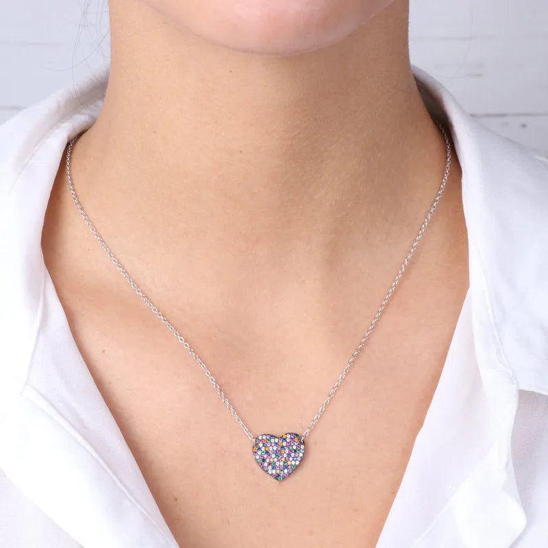 Collana in Argento 925 con cuore, impreziosito da pavè di zirconi multicolor su base brunita