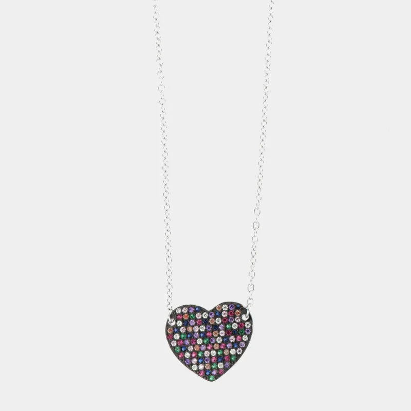Collana in Argento 925 con cuore, impreziosito da pavè di zirconi multicolor su base brunita