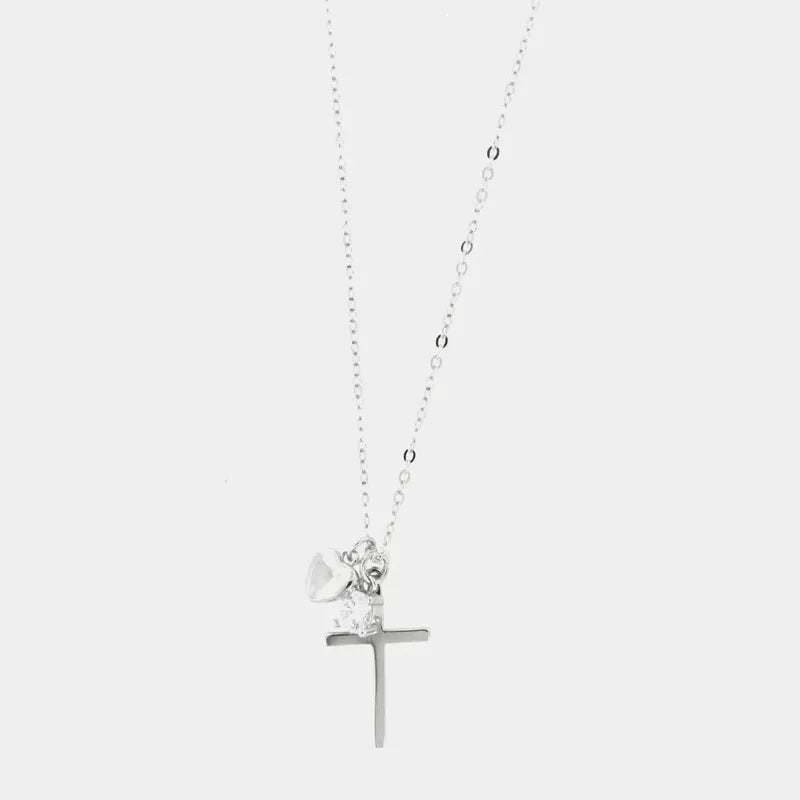 Collana in Argento 925 con croce e zircone bianco pendenti